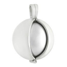 A round, shiny silver-colored locket pendant with a smooth, polished surface.