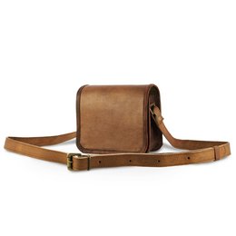 Tan leather shoulder bag with adjustable strap and brass hardware.