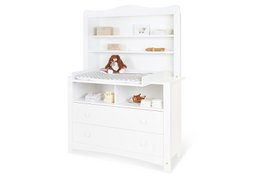Extra wide changing unit with shelving, suitable for baby nursery. White finish, modern design.