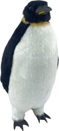 A cuddly, realistic-looking penguin figure with a white body, black head and wings, and yellow beak and feet. The penguin appears to be standing upright.