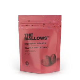 Soft, chewy marshmallows with a raspberry and white chocolate flavor, presented in a heart shape.