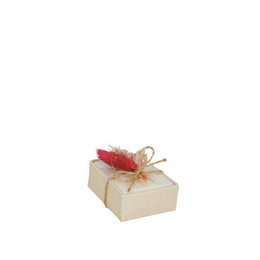  Cream-colored gift box with red dried flowers and twine bow. Contains soap bars.