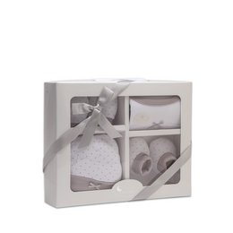 ENSEMBLE 4 PIÈCES (CHAPEAU+GANTS+BAVOIR+CHAUSSETTES) POUR NOUVEAU-NÉ (0-6 MOIS) - 100% COTON - MOD. BEIGE