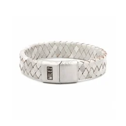 A light gray leather men's bracelet with a woven design. Available in sizes S, M, L, and XL.