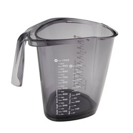 A large, clear plastic measuring cup with measurement markings up to 1 liter. The cup has a sturdy handle and a spout for easy pouring.
