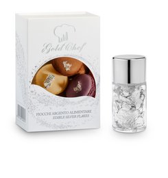 Silver edible flakes, food coloring product. Metallic, shimmery appearance. Suitable for decorating desserts, baked goods, and other food items.