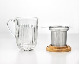 A set of 3 clear glass mugs with ribbed texture and wooden lids, suitable for serving tea.