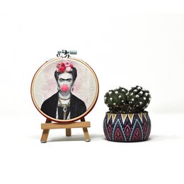 Handmade Embroidery Hoop Wall Art - Frida Khalo Portrait - Textile Wall Decoration (10/15cm)