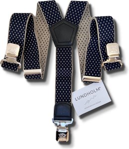 Lundholm Suspenders men adults dark blue beige with pattern 3 clips - extra sturdy high quality - Scandinavian design - men's gift tip | Lundholm Bastad series