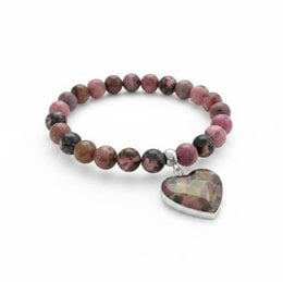 Rhodochrosite matrix beaded bracelet with Tree of Life charm, featuring round, natural stones in shades of pink, brown, and black.