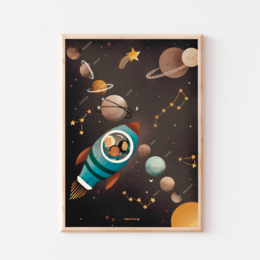 "Colorful educational poster featuring a rocket ship and planets in the solar system. Suitable for decorating a child's room or learning space."