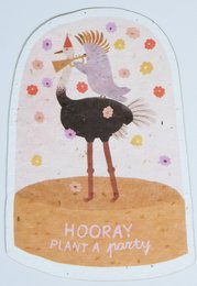 A colorful postcard featuring a playful ostrich surrounded by flowers and the text "Hooray, plant a party". The postcard is designed for birthday celebrations.