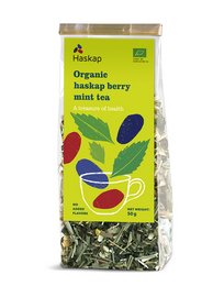 Organic haskap berry mint tea with a blend of haskap berries and mint leaves, providing a refreshing and flavorful tea experience.