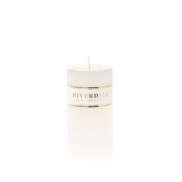  A tall, cylindrical white candle with the label "Riverd" on it.
