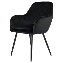 Black upholstered dining chair with a curved backrest and metal legs.