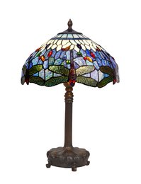 A large, ornate table lamp with a Tiffany-style stained glass shade featuring a dragonfly design. The shade is approximately 40cm in diameter and is part of the Belle Epoque collection.