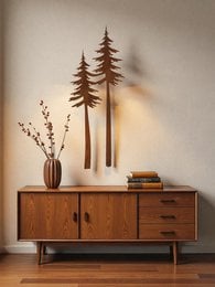 "Wooden tree wall mural sign, rustic forest silhouette decor, brown metal trees wall art"