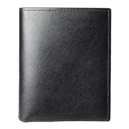 Black saffiano leather wallet with 6 credit card slots, suitable for everyday use.