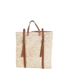 Beige woven straw tote bag with brown leather handles and accents.