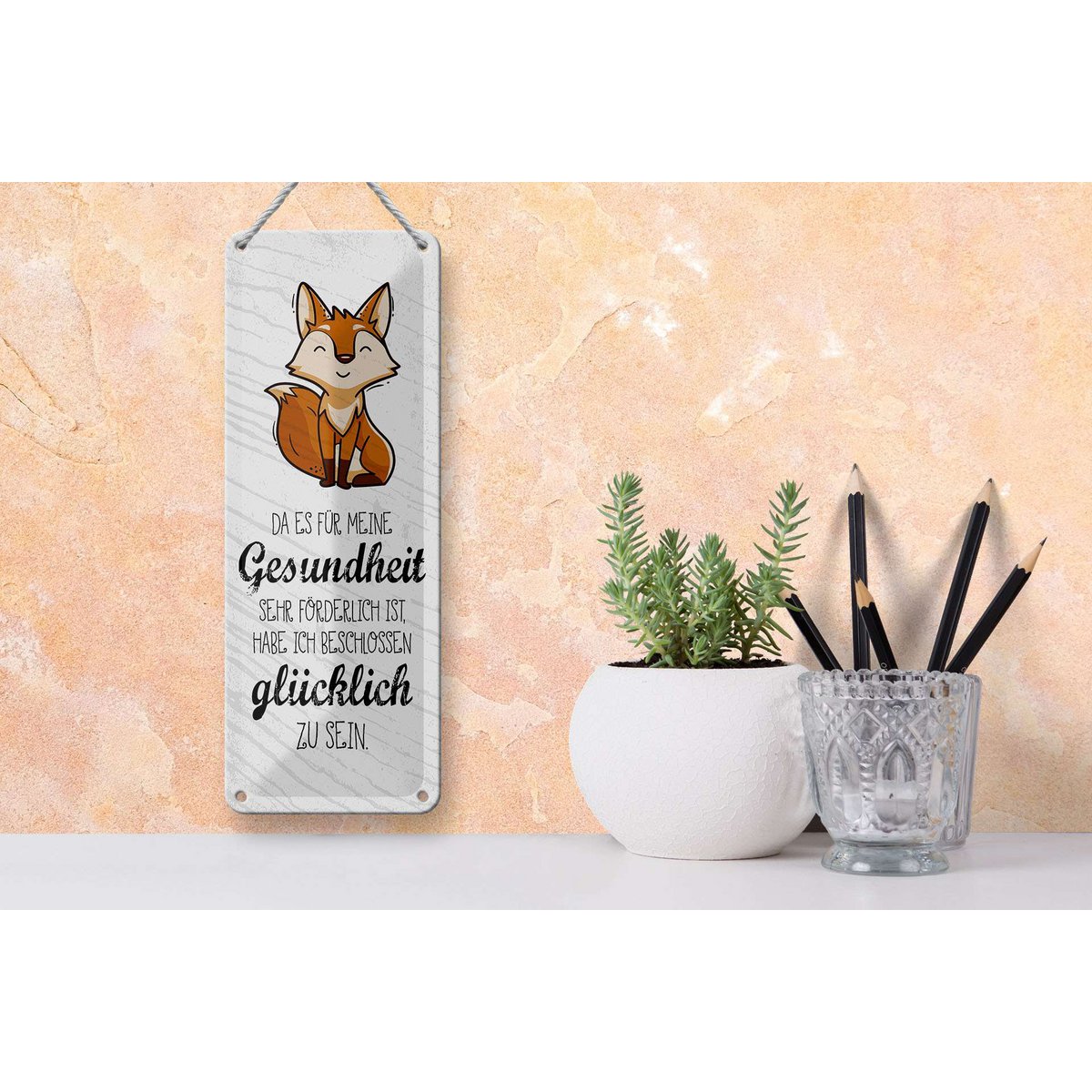 Blechschild Spruch 27x10 cm für Gesundheit förderlich glücklich zu sein Schild