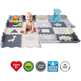 A large, colorful play mat made of EVA foam with a raised edge, designed for babies and toddlers. The mat features various shapes and textures to stimulate sensory development.