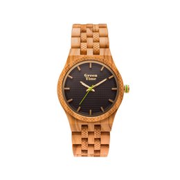 Wooden watch with a brown dial and a gold-toned bracelet. The watch has a simple, minimalist design with a classic round case.