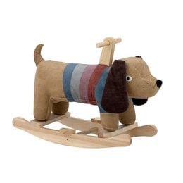 Plush rocking dog toy in brown and multicolored stripes, made of polyester, suitable for pets.