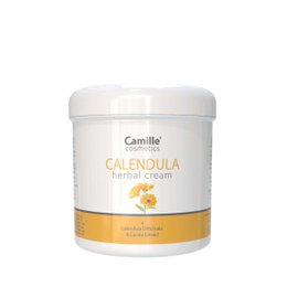 Calendula cream in a 250ml jar. Cream with a yellow color and smooth texture.