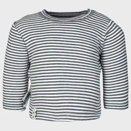 Striped long-sleeved organic baby t-shirt in indigo and white colors. Made of soft, comfortable organic cotton material.