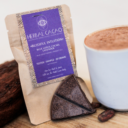 "Purple herbal cacao powder sample pack, dark chocolate color, natural kraft packaging, 20gram portions"