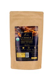 Organic chaga mushroom chunks in a 100g package. Earthy, nutty flavor. Supports immune system health.