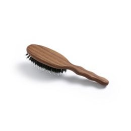 A small, oval-shaped hair brush with a wooden handle and bristles made of boar hair and nylon. The brush is designed for styling and grooming hair.