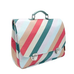 Colorful striped school bag with a handle, suitable for carrying lunch or school supplies.