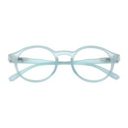 Frosted blue computer glasses with a round, classic frame shape. Made of lightweight, durable materials for all-day comfort.