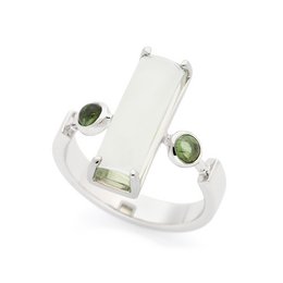 Elegant silver-toned statement ring with green gemstones, featuring a rectangular centerpiece and round accents. Suitable for formal or casual wear.