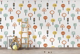 Wallpaper for children's room featuring road signs and other graphics in a variety of sizes, suitable for semantic search related to 'fox' and other animal-themed products.