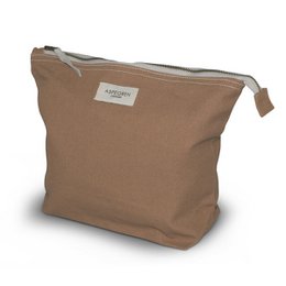  Large beige canvas toiletry bag with zipper closure and Lark branding.