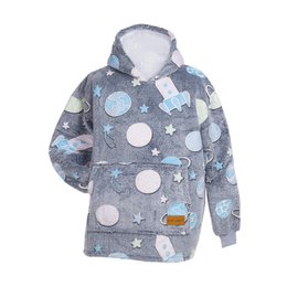Cozy gray hoodie blanket with colorful rocket and star print, perfect for snuggling up on cold days. Includes matching socks for added warmth and comfort.