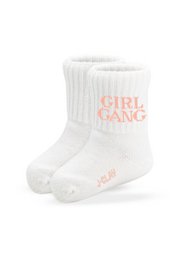 White baby socks with "Girl Gang" text in pink. Available in sizes 0-1 year, 1-2 years, 2-3 years, and 3-4 years.