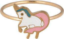 A gold-colored ring with a unicorn design featuring a white body, pink and teal accents, and a small eye detail. The ring appears to be part of a children's or youth jewelry collection.