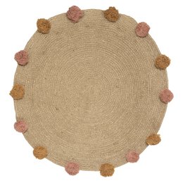 Round jute rug with colorful pompom accents, suitable for a child's room or playroom.