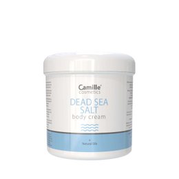 A 250ml jar of Camille Dead Sea Salt body cream. The cream is white in color and has a blue label.