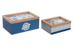 Two white and blue wooden storage boxes with a beach-themed design. The boxes have a rectangular shape and a wooden frame.