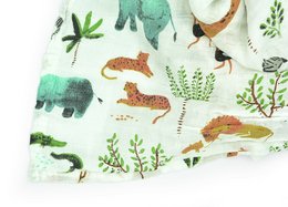 This swaddle features a colorful, whimsical pattern with various animal illustrations, including elephants, zebras, and other wildlife. The swaddle is made of soft, breathable material and is suitable for wrapping newborns.