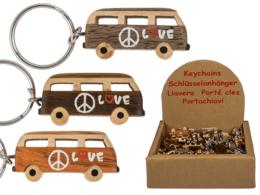  Wooden hippie van keychain with peace symbol, retro brown natural wood design, vintage style accessory