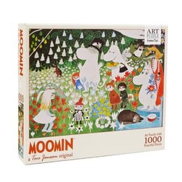 A 1000-piece puzzle featuring a colorful, whimsical scene from the Moomin universe, with various Moomin characters and elements like flowers, trees, and mushrooms.