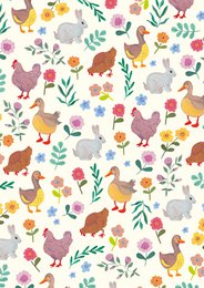  Colorful cards with spring-themed prints featuring various farm animals, flowers, and foliage.