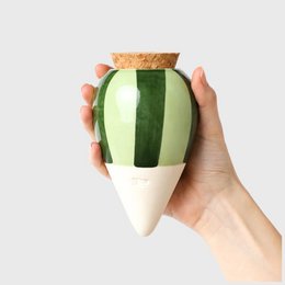 Green and green striped ceramic plant pot with cork lid.