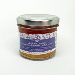 Organic lavender apple confit, a sweet and aromatic chutney made with lavender and apples, perfect for cheese boards or as a condiment.