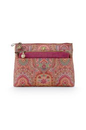  A set of two cosmetic bags in a vibrant red and pink paisley pattern, with a zipper closure and a small charm detail. The bags are suitable for storing and organizing toiletries, makeup, and other small personal items.
